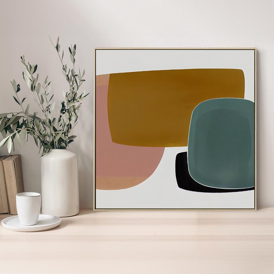 Obraz w ramie 50x50 - Emocje w akwarelach - geometryczne dziwne kształty, turkusowy - rama drewno