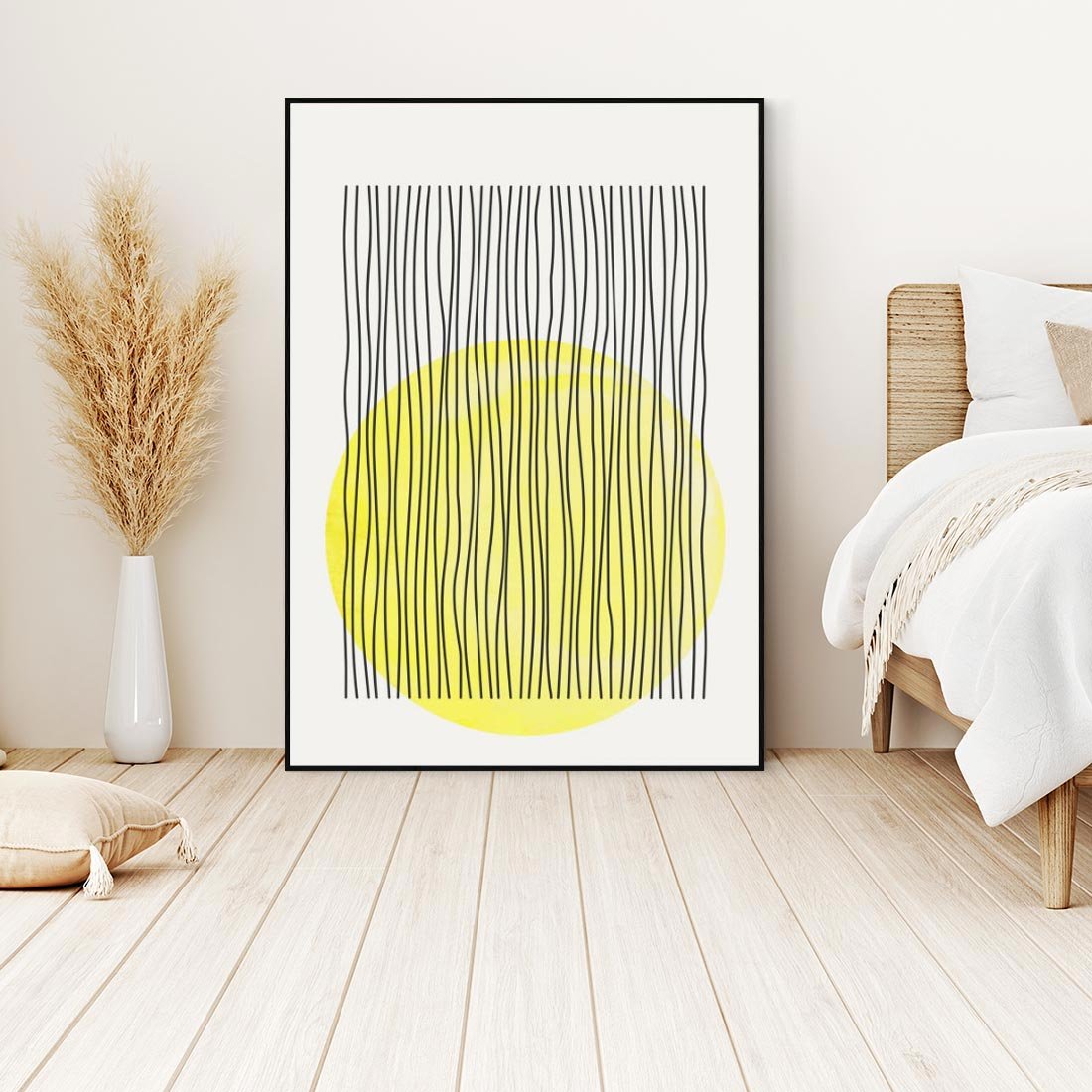 Obraz w ramie 70x100 - Ciepłe Przenikanie - geometria, żółte koło - rama czarna