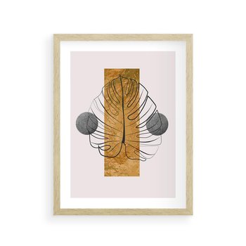 Plakat w ramie 40x50 - Minimalistyczna Monstera: Złoty Prostokąt - liść  monstery, minimalizm - rama drewno