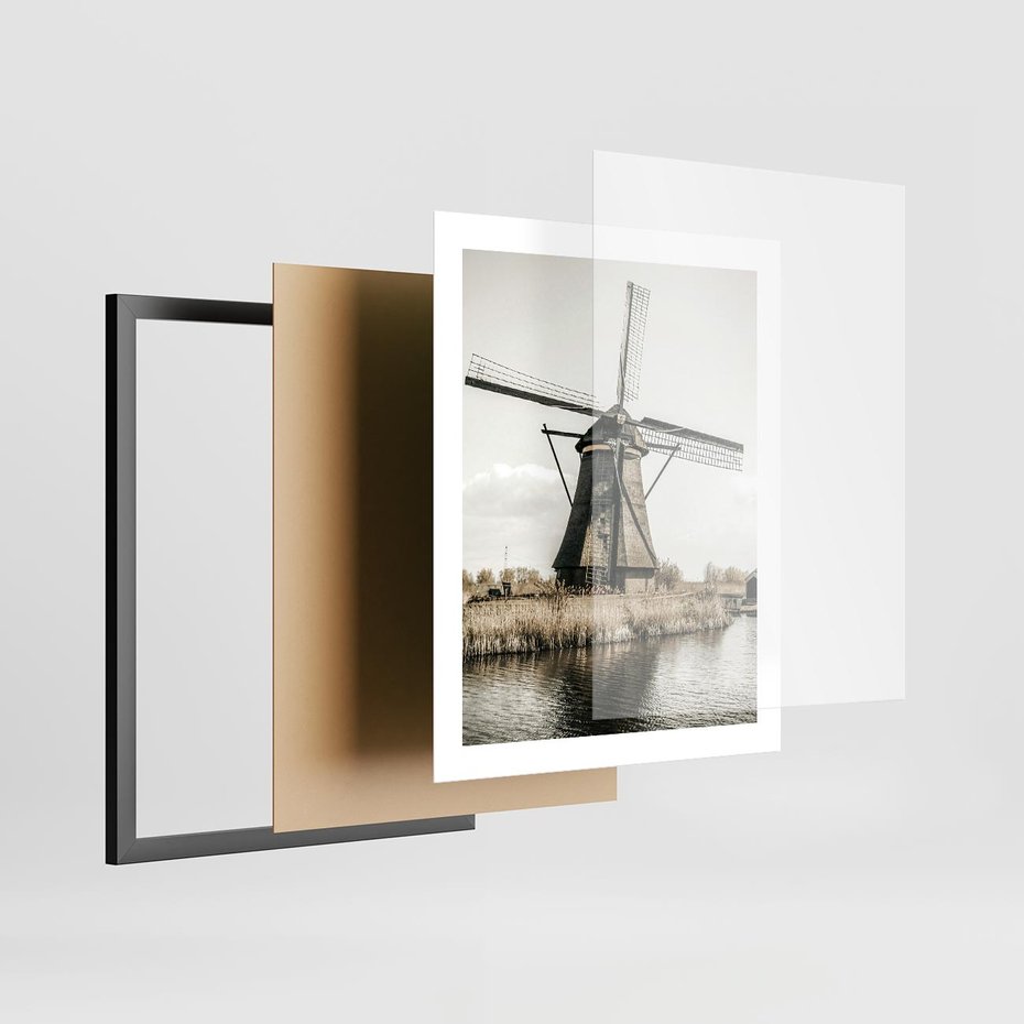 Plakat w ramie 40x50 - Holenderski Wiatrak w Sepii - holenderski wiatrak, młyn - rama czarna