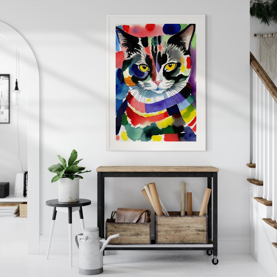 Plakat w ramie 40x50 - Koci Przyjaciel - abstrakcyjny obraz, akwarela - rama biała