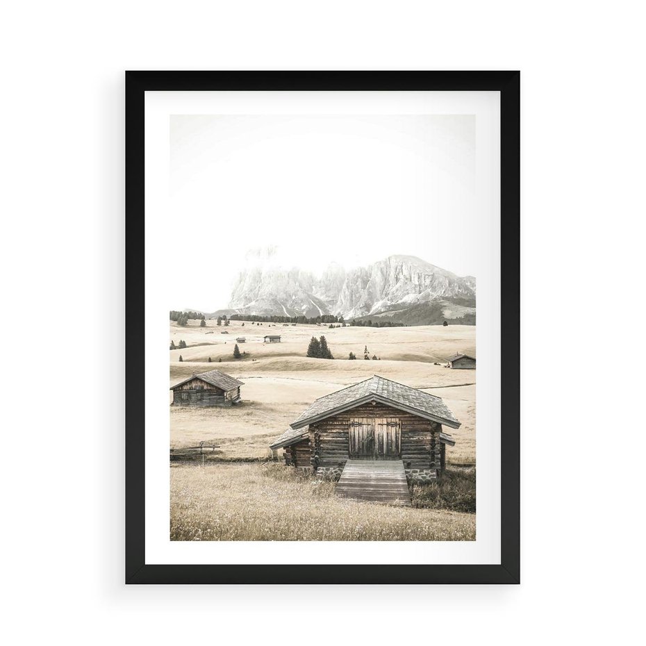 Plakat w ramie 50x70 - Chatka w Górskiej Sepii - domek w górach, chatka - rama czarna