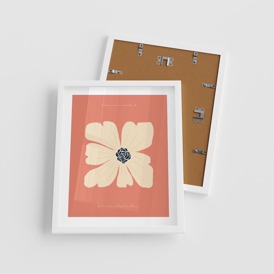 Plakat w ramie 40x50 - Malowane Kolorowe Echa - minimalistyczna grafika, biały kwiat na różowym tle - rama biała