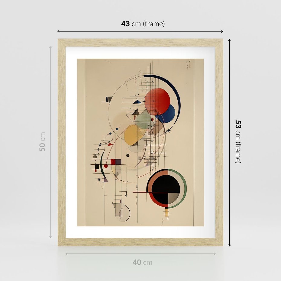 Plakat w ramie 40x50 - Impulsy Wydobyte z Cienia - abstrakcyjna geometryczna kompozycja, koła linie - rama drewno
