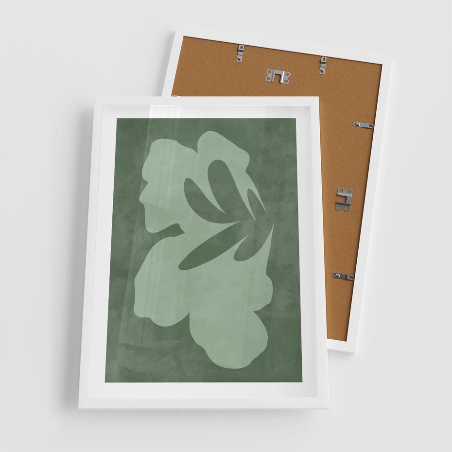 Plakat w ramie 50x70 - Kształty Zieleni - abstrakcyjny kształt, zielony plakat - rama biała