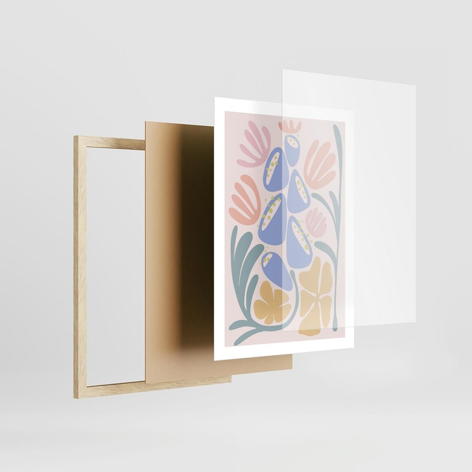 Plakat w ramie 50x70 - Minimalistycznie i Pastelowo - pastelowe kwiaty, na beżowym tle - rama drewno