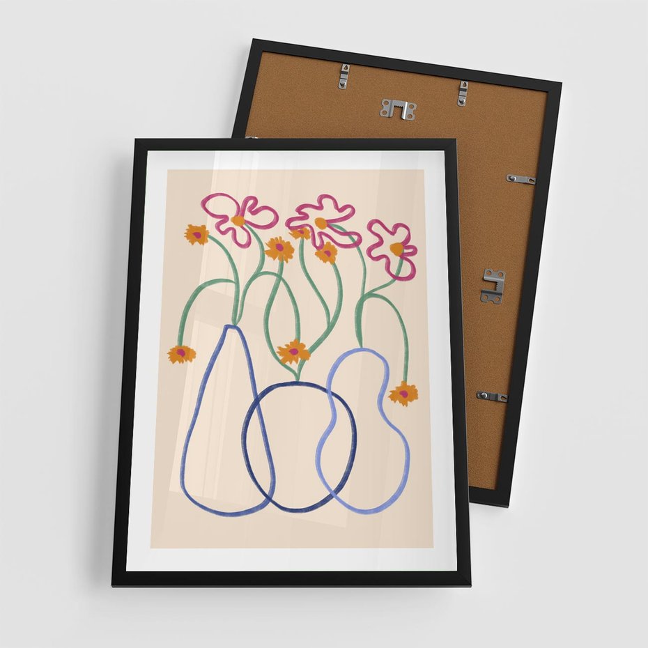 Plakat w ramie 50x70 - Migocące Pastelowe Impresje - minimalistyczny abstrakcyjny obraz, prymitywne kwiatki - rama czarna