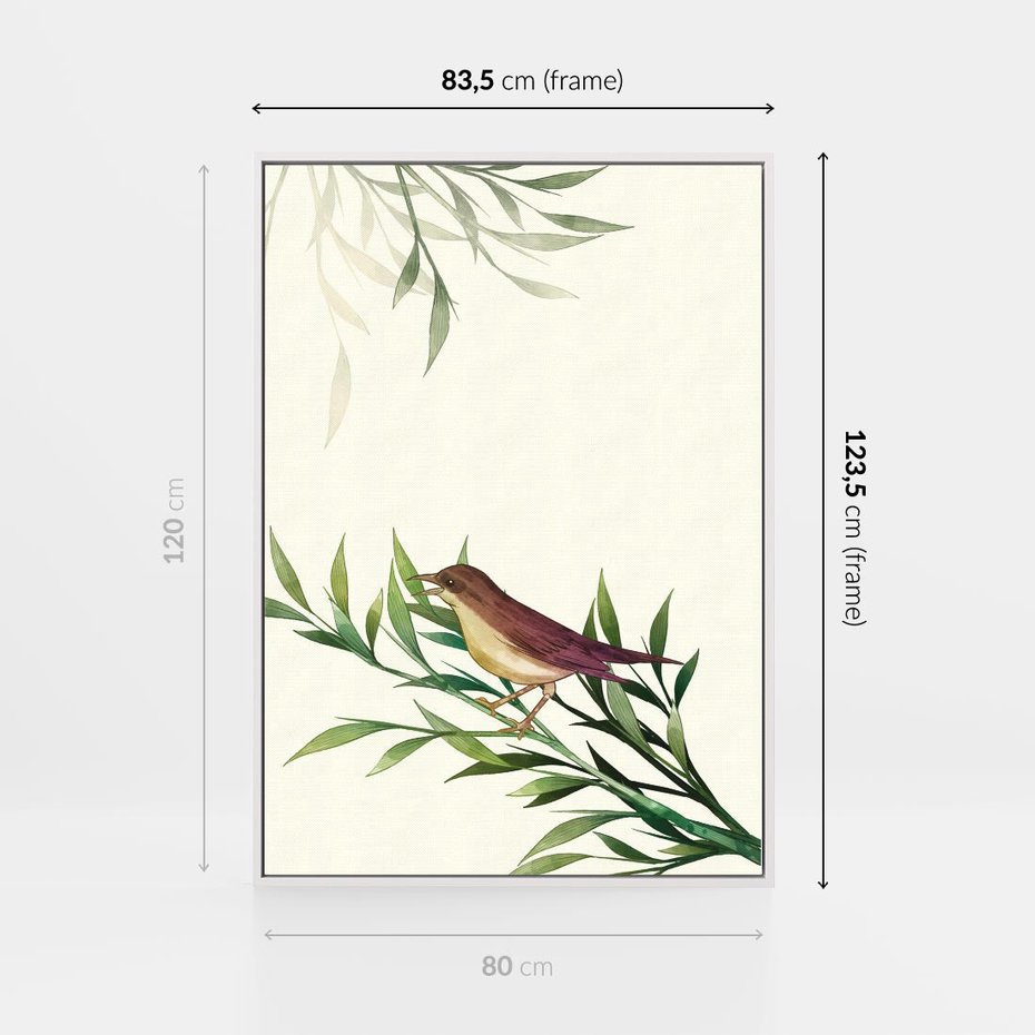 Obraz w ramie 80x120 - Roślinne Nastroje - japońska sztuka, ptak - rama biała