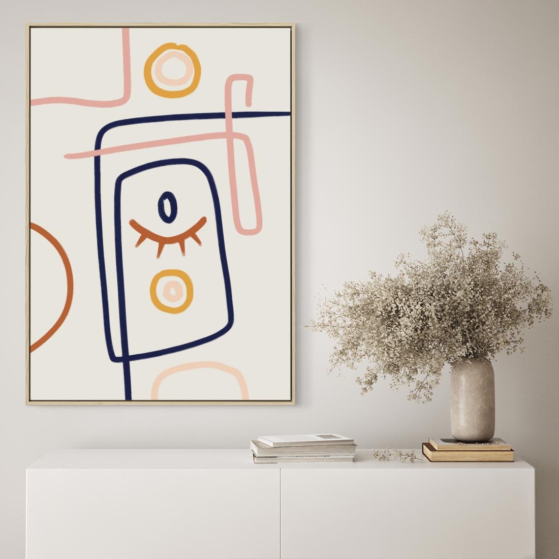 Obraz w ramie 80x120 - Manifestacje Dziwności - abstrakcja w stylu picasso, beżowe tło - rama drewno