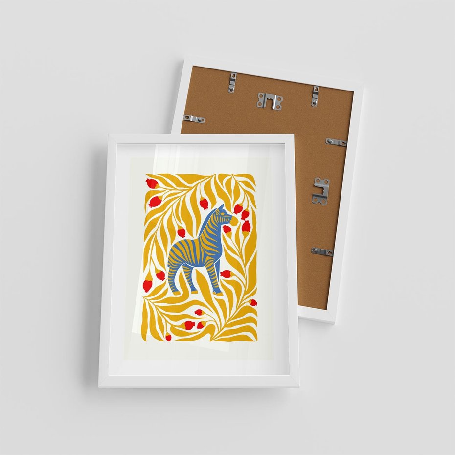 Plakat w ramie 30x40 - Zebra w Nowoczesności - abstrakcyjna nowoczesna grafika, pośrodku zebra - rama biała