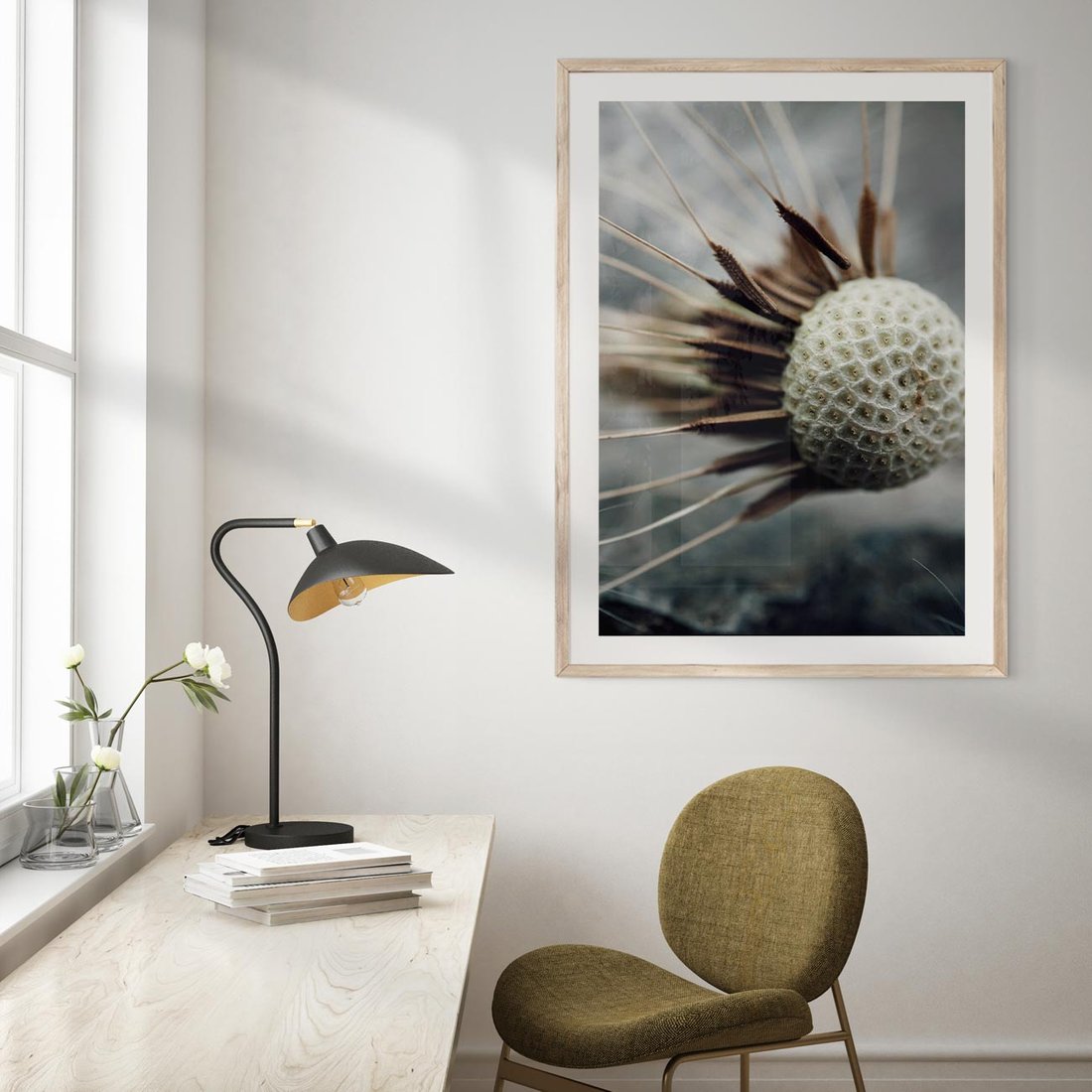 Plakat w ramie 30x40 - Makro Dmuchawiec - dmuchawiec, zbliżenie - rama drewno