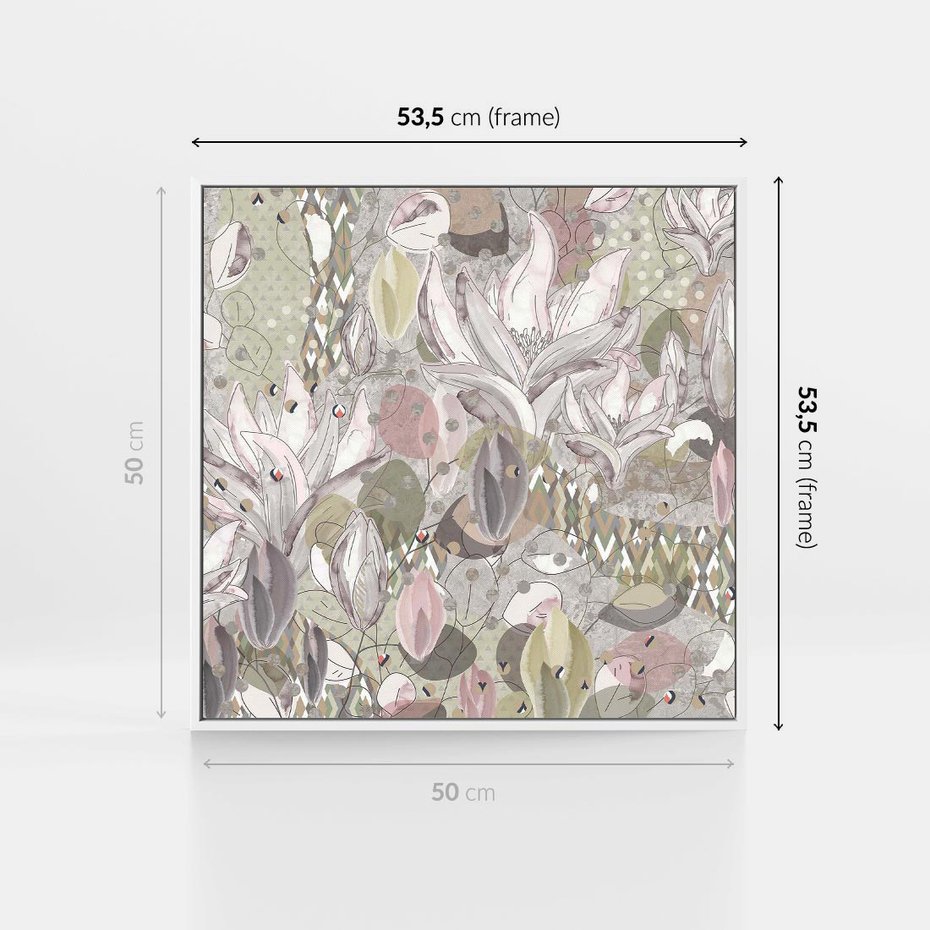 Obraz w ramie 50x50 - Pejzaże zatajonej duszy - połączenie tekstur, roślinne motywy - rama biała