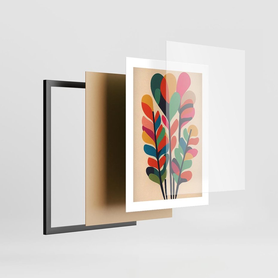 Plakat w ramie 30x40 - Symfonia Wzrokowych Impresji - abstrakcyjny kolorowy tęczowy obraz, inspiracje roślinne - rama czarna