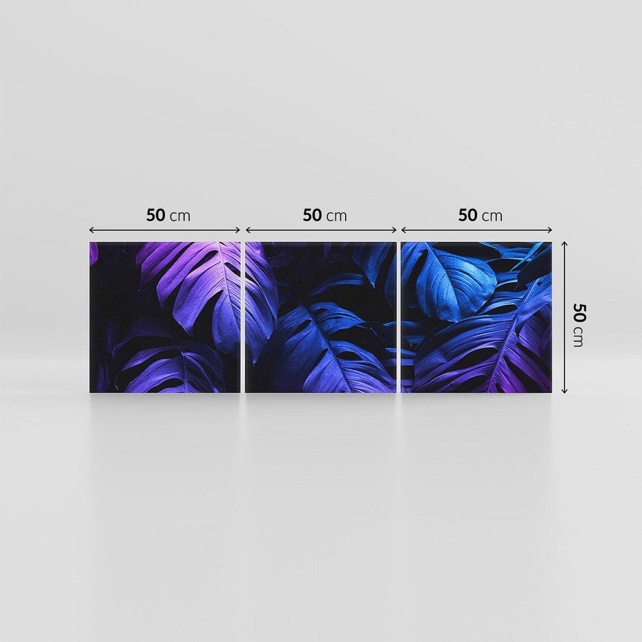 Obraz na płótnie 150x50 - Mroczna Magia Dżungli - mroczna grafika, fioletowe liście monstery na czarnym tle