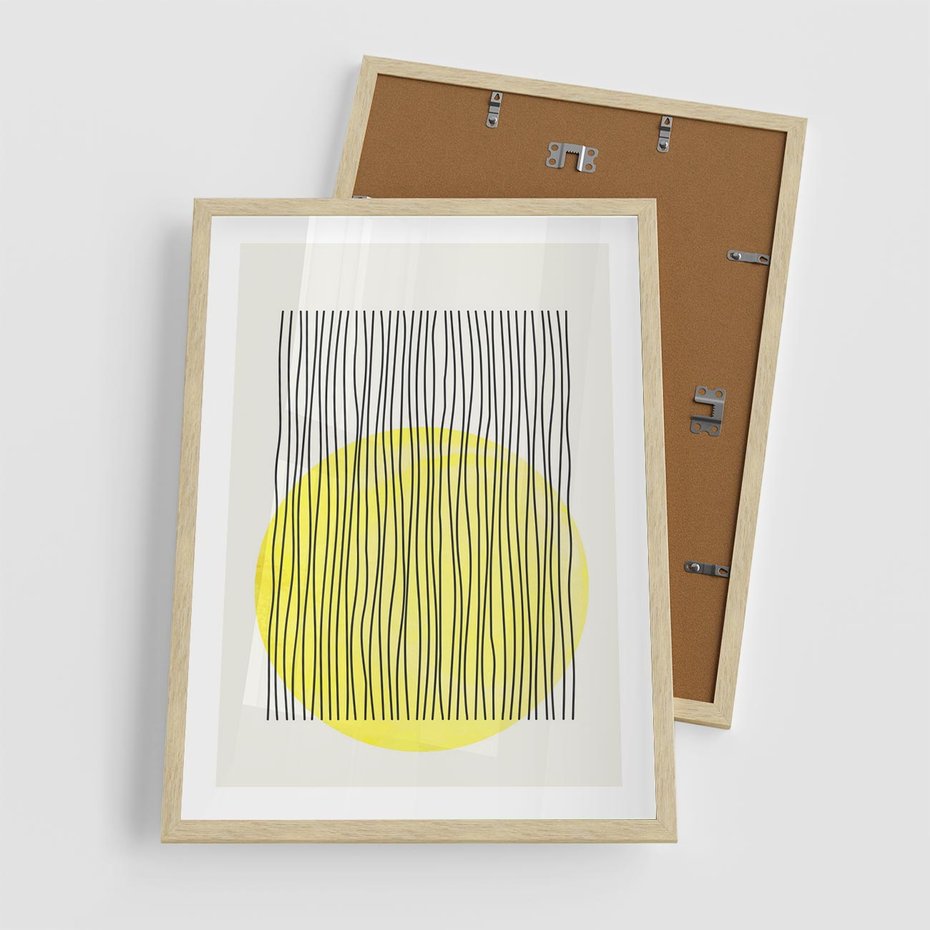 Plakat w ramie 50x70 - Ciepłe Przenikanie - geometria, żółte koło - rama drewno