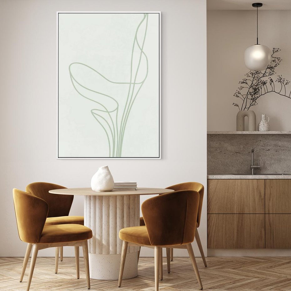 Obraz w ramie 80x120 - Zielona Równowaga Linii - abstrakcyjne delikatne zielone linie, nowoczesny plakat - rama biała