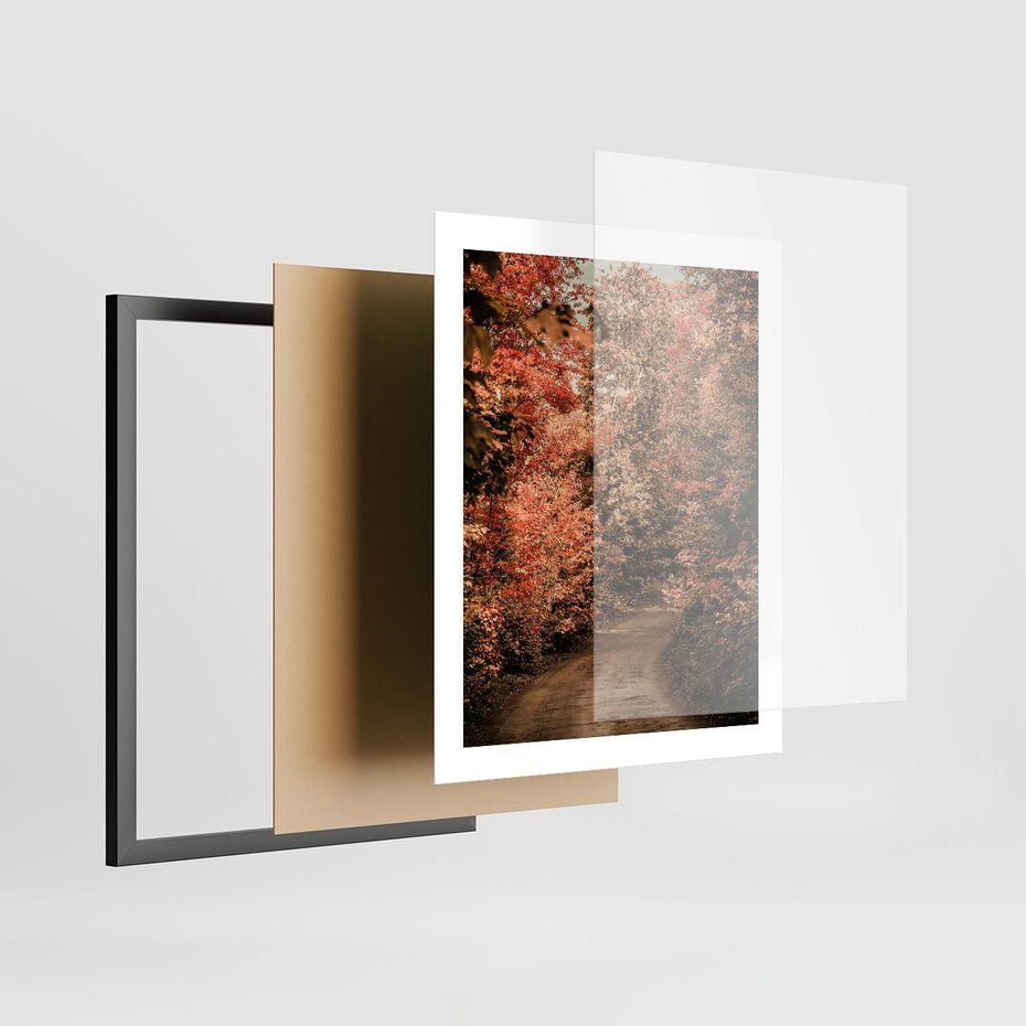 Plakat w ramie 40x50 - Obraz przedstawia jesienne drzewa i czerwone liście na ścieżce w lesie. Ta sceneria doskonale oddaje urok i kolorystykę jesieni w lesie. - las, jesień - rama czarna