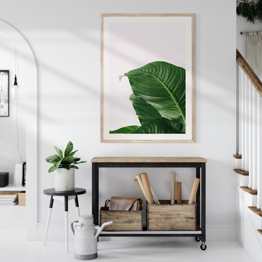 Plakat w ramie 30x40 - Zielone liście monstery - liście, monstera - rama drewno