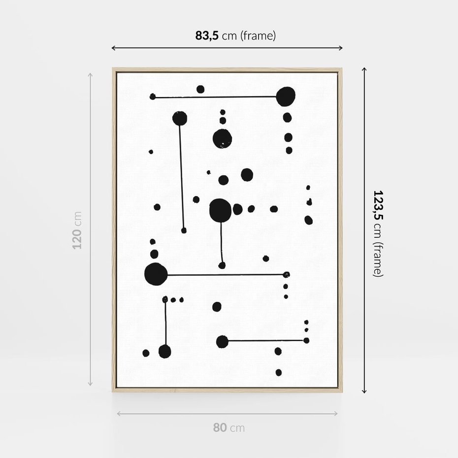 Obraz w ramie 80x120 - Nocne Zawirowania - abstrakcyjny plakat, czarne kropki i kreski - rama drewno