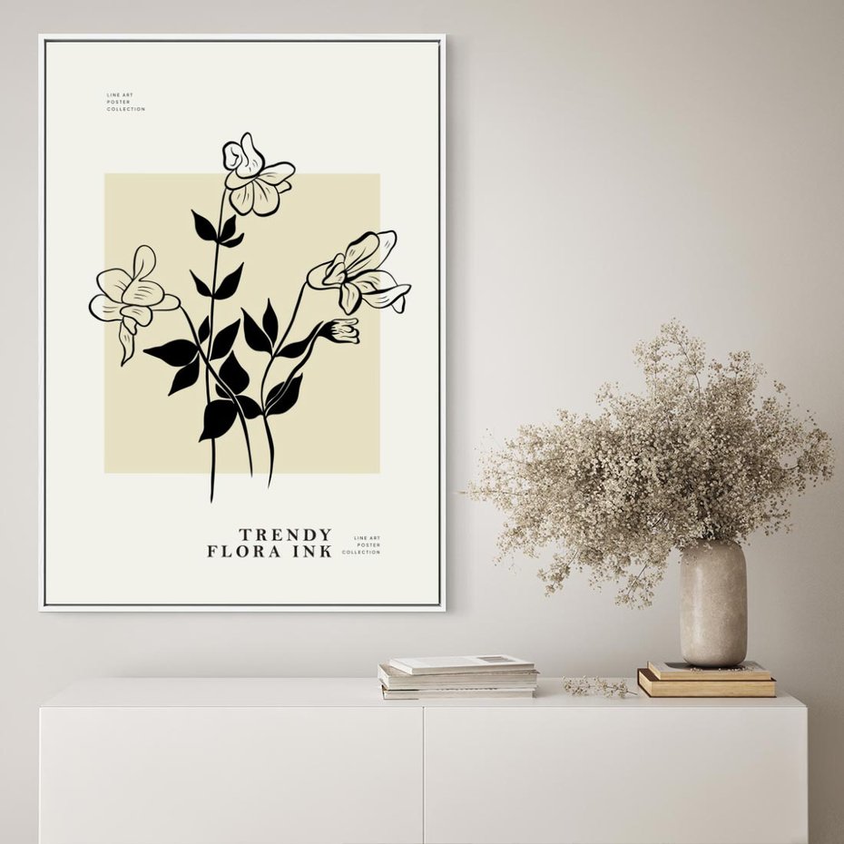 Obraz w ramie 70x100 - Malowane szkicowe tęsknoty - kwiaty, typografia - rama biała