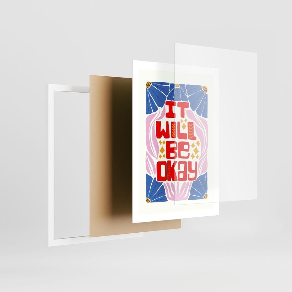 Plakat w ramie 50x70 - Kwiatowa Ekstaza - czerwona pozytywna typografia, kwiatowa kompozycja - rama biała