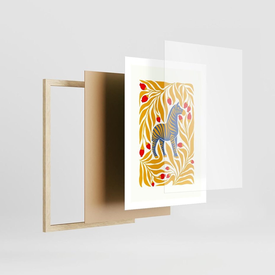 Plakat w ramie 50x70 - Zebra w Nowoczesności - abstrakcyjna nowoczesna grafika, pośrodku zebra - rama drewno