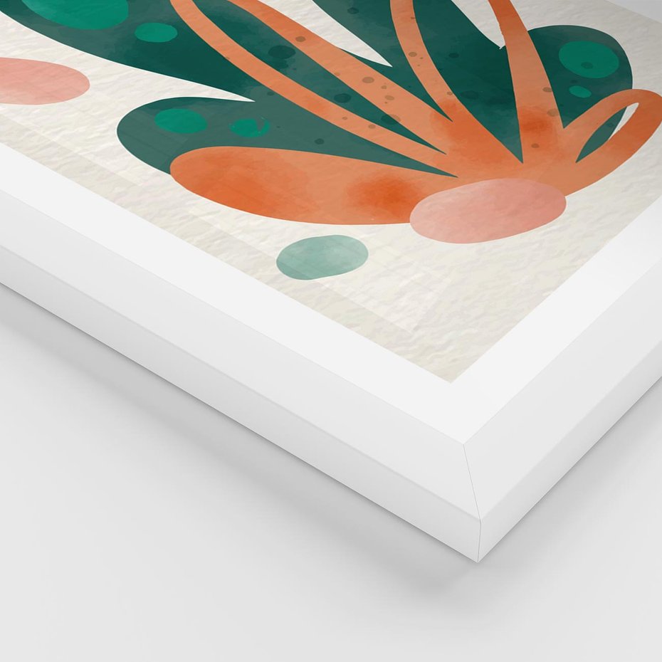 Plakat w ramie 30x40 - Harmonia bez Harmonii - akwarelowe abstrakcyjne kształty, zieleń i pomarańcz - rama biała