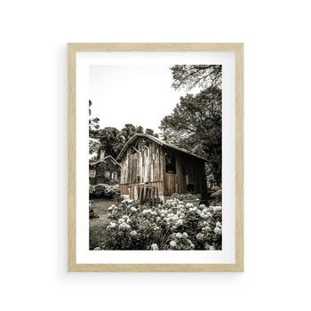 Plakat w ramie 40x50 - Oaza Uroku: Drewniana Chatka i Ogród - domek, ogród - rama drewno