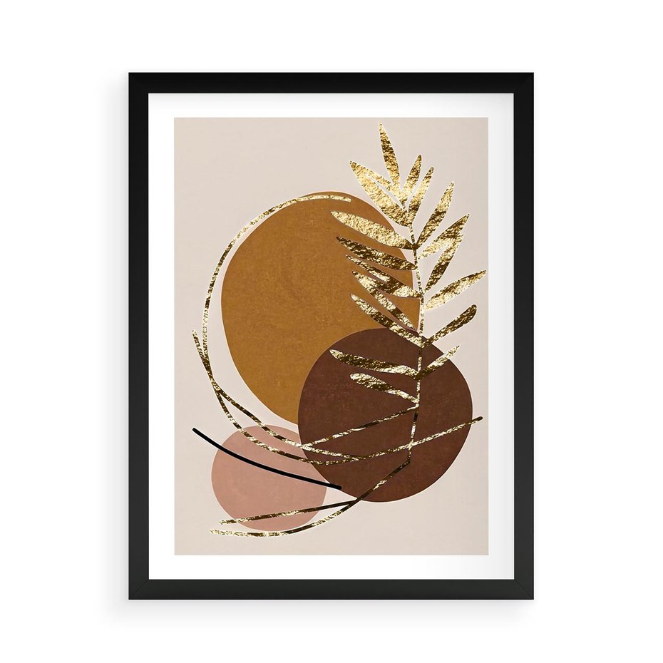 Plakat w ramie 50x70 - Taniec Przenikających Odbić - abstrakcyjny obraz, złote liście palmy - rama czarna
