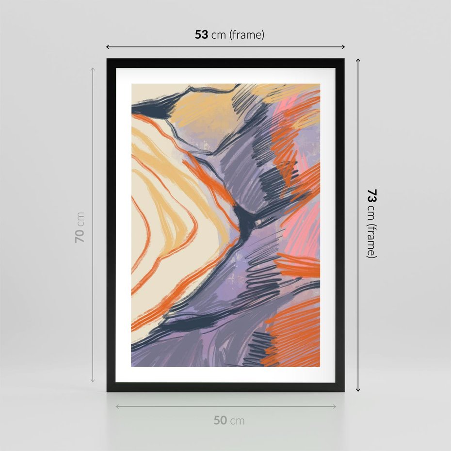 Plakat w ramie 50x70 - Pokreślony Świat - abstrakcyjne formy, odcienie pomarańczu i fioletu - rama czarna