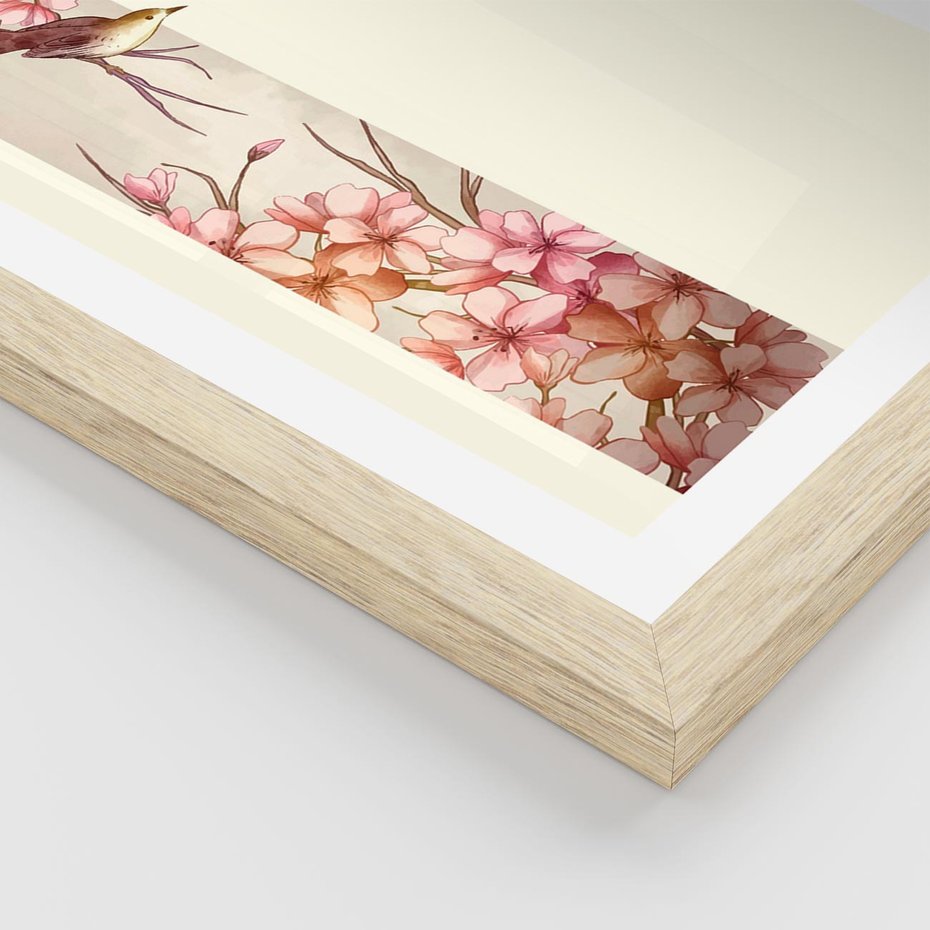 Plakat w ramie 30x40 - Rozkwitające Marzenia - japońska sztuka, ptak - rama drewno