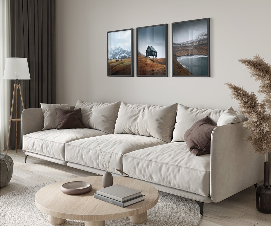 Zestaw obrazy w ramie 30x40 galeria - Skandynawski, domki, góry, widok - rama czarna