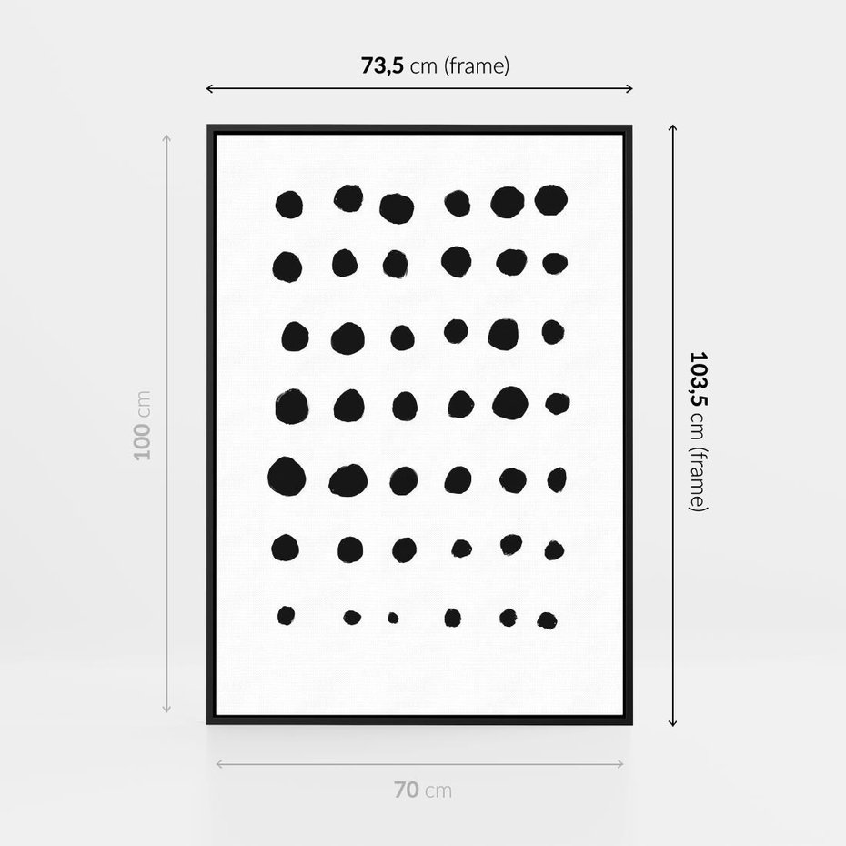 Obraz w ramie 70x100 - Refleksje Światła - minimalistyczna kompozycja, czarne kropkina białym tle - rama czarna