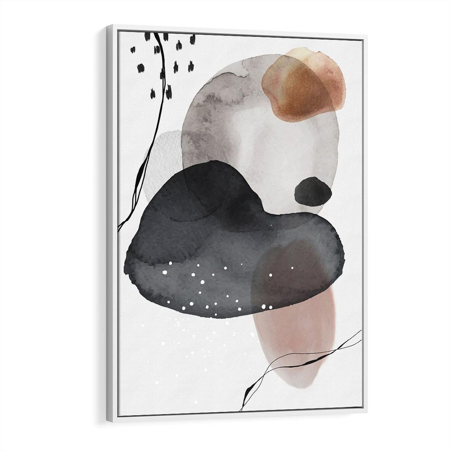 Obraz w ramie 50x70 - Impresje Harmonii - abstrakcyjne plamy akwarelowe, czarny szkic - rama biała