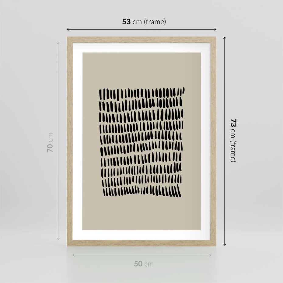 Plakat w ramie 50x70 - Energetyczne Pulsacje Nowości - boho plakat, czarne kropki kreski - rama drewno