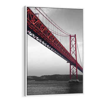 Obraz w ramie 70x100 - Majestatyczny Most - czarno biała fotografia, czerwony stalowy most nad rzeką - rama biała