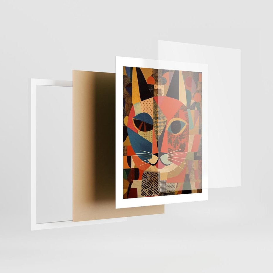 Plakat w ramie 40x50 - Impresje Nieznanych Odniesień - abstrakcyjny obraz olejny, kot - rama biała
