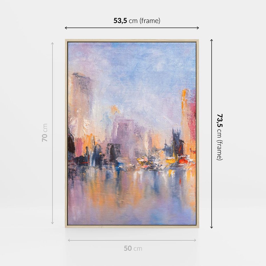 Obraz w ramie 50x70 - Miasto Refleksji - olejna panorama miasta w oddali, wiezowce odbijają się w rzece - rama drewno