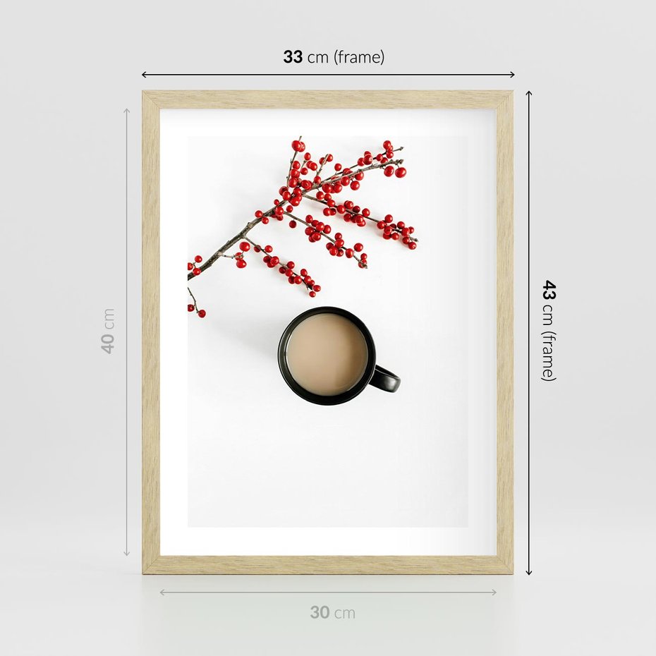 Plakat w ramie 30x40 - Filiżanka Kawy z Gałązką Jarzębiny - kawa, gałązka jarzębiny - rama drewno