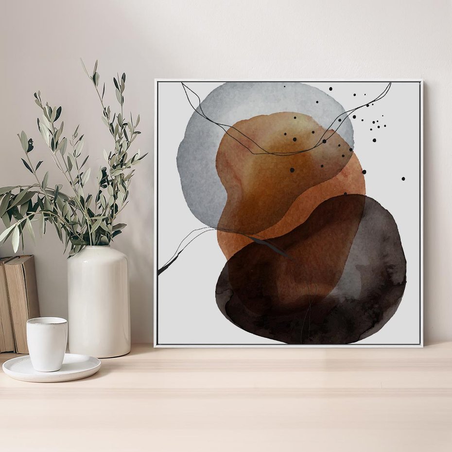 Obraz w ramie 80x80 - Kolorowe Wizje - abstrakcyjne plamy akwarelowe, czarny szkic - rama biała