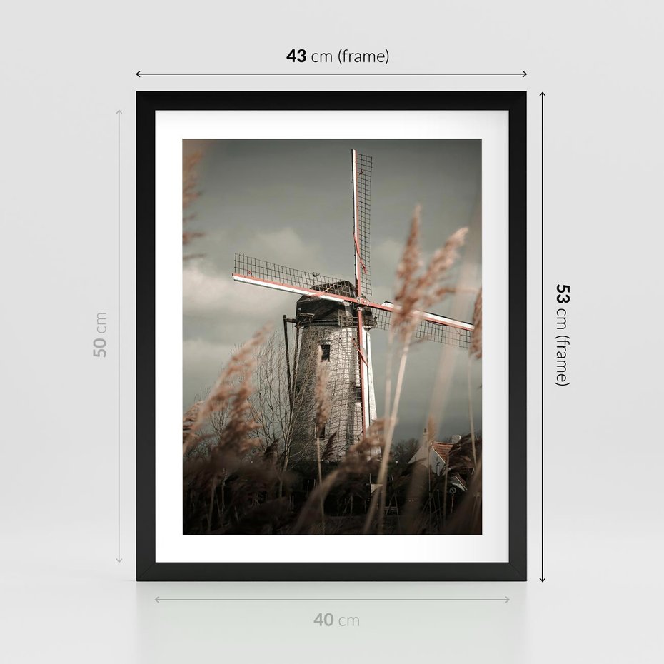 Plakat w ramie 40x50 - Wiejska Idylla: Młyn w Polu - wiatrak, młyn w polu - rama czarna