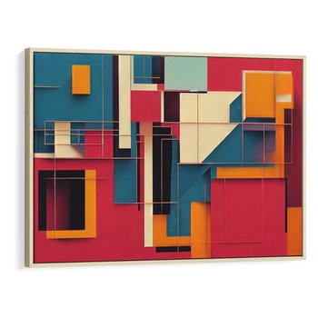 Obraz w ramie 100x70 - Przejście przez labirynt myśli - kolorowa abstrakcja, instalacja z prostokątów i lini - rama drewno