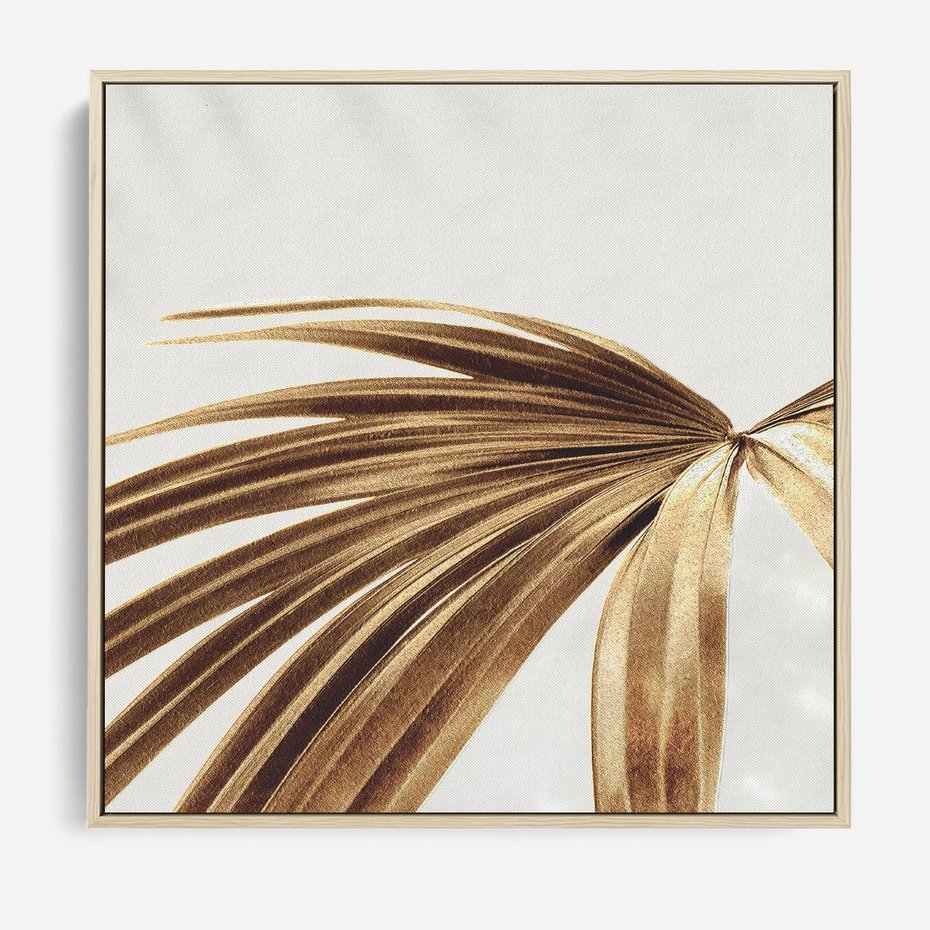 Obraz w ramie 80x80 - Egzotyczny Blask - złote, liście - rama drewno