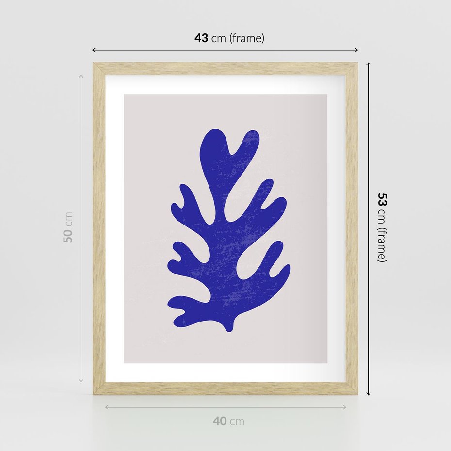Plakat w ramie 40x50 - Przenikająca Struktura - boho plakat, niebieski liść w intensywnym kolorze - rama drewno