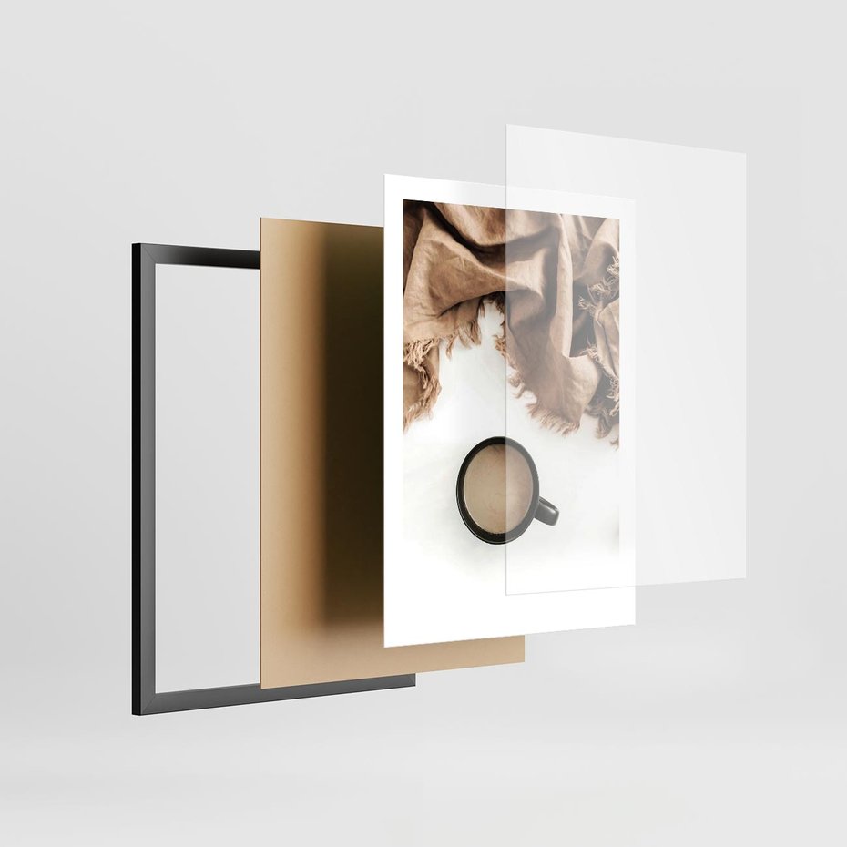 Plakat w ramie 50x70 - Kompozycja z Brązowym Kocem i Czarną Kawą - kompozycja, brązowy koc - rama czarna