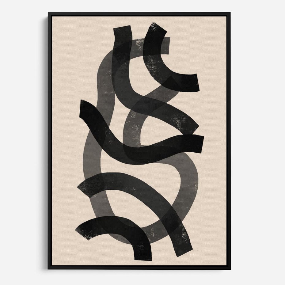 Obraz w ramie 70x100 - Strukturalne Odbicia Innowacji - zaplątane minimalistyczne linie, na bezowym tle - rama czarna