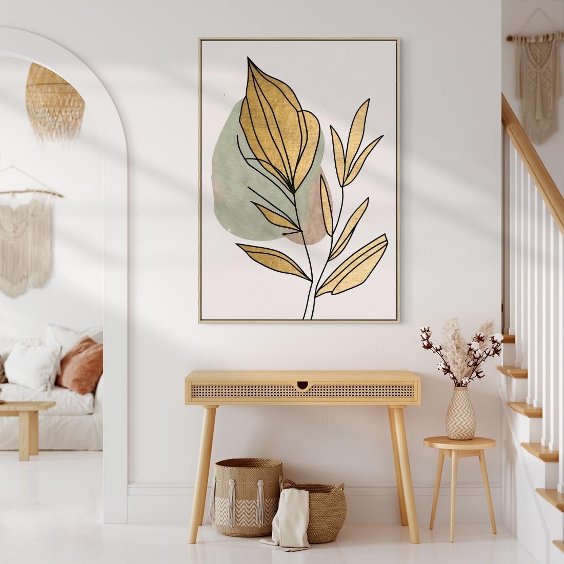 Obraz w ramie 80x120 - Rozkwitające Wnętrza Światła - abstrakcyjny obraz boho, liście - rama drewno