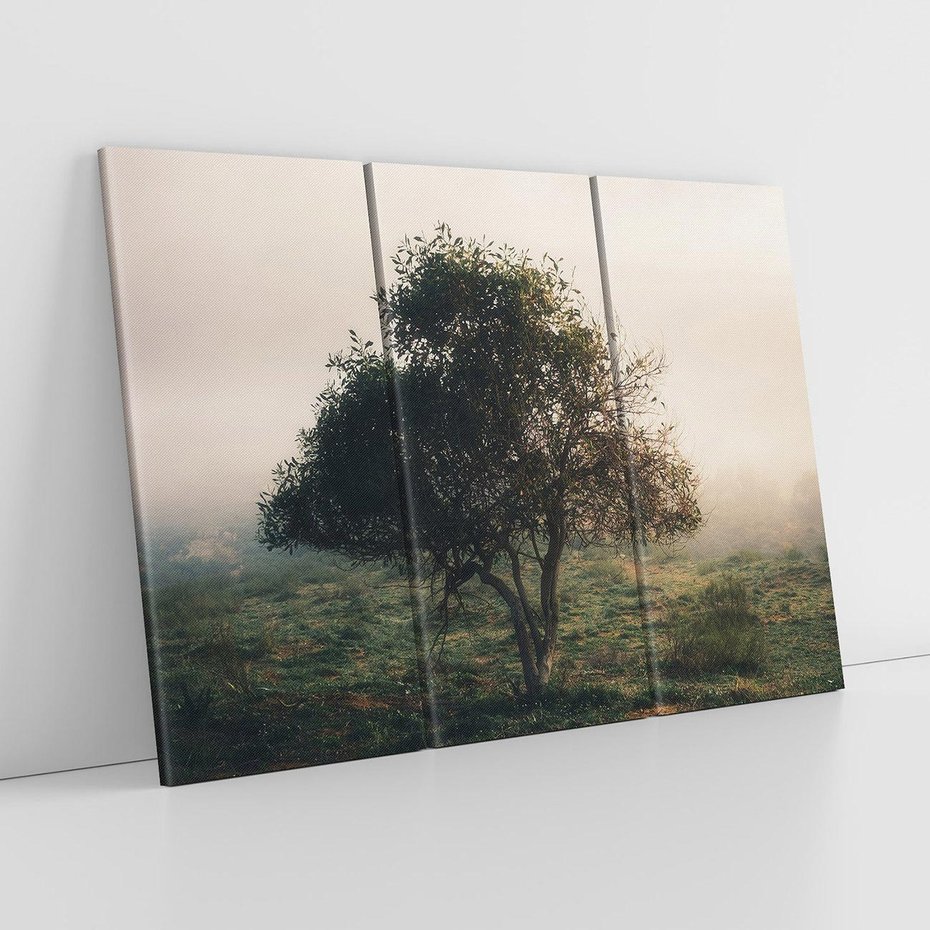 Obraz na płótnie 120x80 - Zamglona Prostota - artystyczna fotografia, samotne drzewo na zamglonej łące