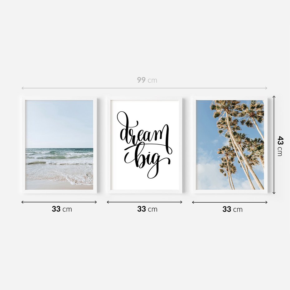 Zestaw obrazy w ramie 30x40 galeria - Dream, big, palmy, morze - rama biała