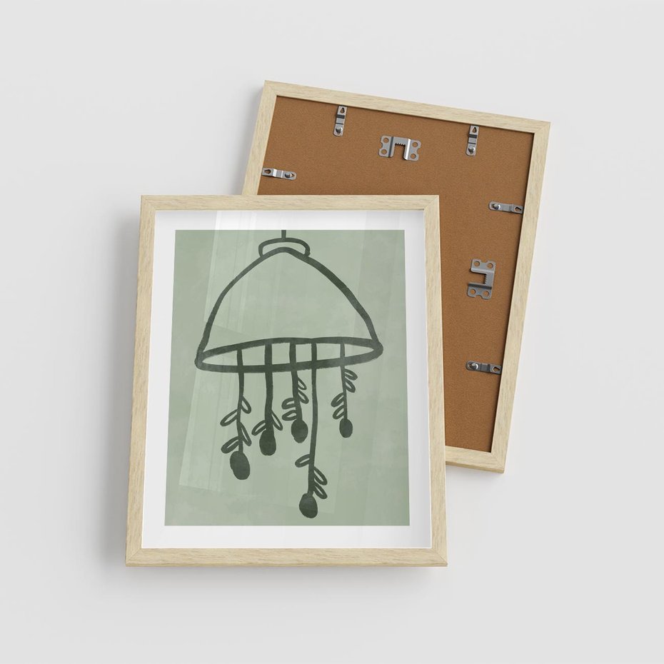 Plakat w ramie 40x50 - Zieleń Inspirującego Spokoju - plakat z abstrakcyjną zieloną lampą, skandynawski design - rama drewno